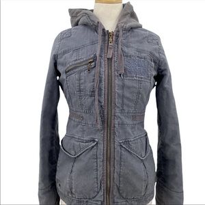 Billabong casual coat utility jacket distressed hooded full zip medium gray